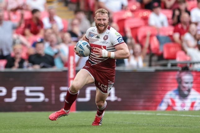Luke Thompson of Wigan Warriors scores a try during the Betfred Challenge Cup Final match between Wigan Warriors and Hull KR at Wembley Stadium in London, United Kingdom, on May 30, 2026. (Photo by Mark Cosgrove/News Images/NurPhoto via Getty Images)