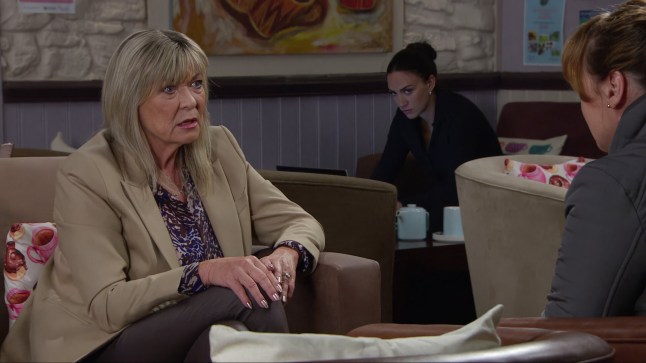 Kim Tate in the cafe in Emmerdale