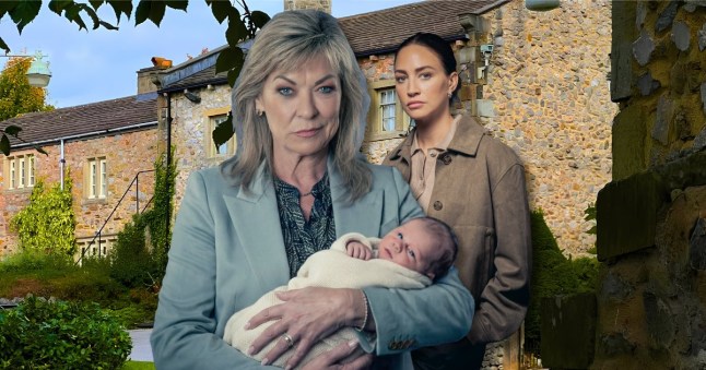 An Emmerdale collage featuring Kim Tate smirking with baby Tate in her arms, while Thea Ramsden looms behind them. They're on a backdrop of stone houses in the village.