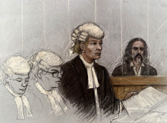 Court artist sketch by Elizabeth Cook of prosecuting KC Riel Karmy-Jones KC speaking, as Russell Brand appears in the dock during jury selection??at Southwark Crown Court, London, where he faces three charges of rape, indecent assault, and three counts of sexual assault, relating to six women. Picture date: Monday October 12, 2026. PA Photo. Photo credit should read: Elizabeth Cook/the Press Association