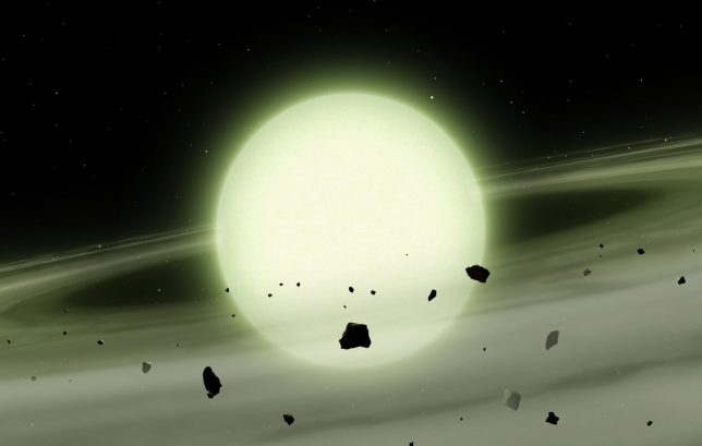 Enriched from above: The cool white dwarf WDJ1330+6435 has accreted sodium-rich rocky material from its planetary system into its atmosphere. The immense atmospheric density causes the sodium to absorb light over broad range of yellow, orange, and red wavelengths, giving the WDJ1330+6435 a ghostly green appearance. Credit: Mark A Garlick/University of Warwick