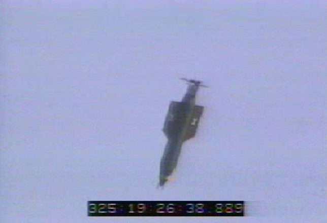 ELGIN AIR FORCE BASE, FL - NOVEMBER 21: In this U.S. Air Force handout, a GBU-43/B bomb, or Massive Ordnance Air Blast (MOAB) bomb, is launched November 21, 2003 at Eglin Air Force Base, Florida. MOAB is a 21,700-pound that was droped from a plane at 20, 000 feet. (Photo by USAF via Getty Images)