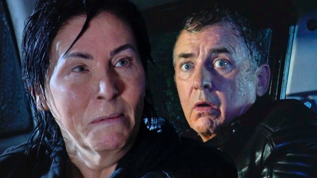 Kat and Alfie Moon looking drenched, desperately sad and shocked at night in EastEnders.