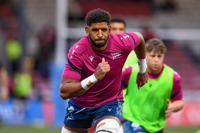 Hyron Andrews of Sale Sharks during the Gallagher Premiership match between Gloucester and Sale Sharks at Kingsholm Stadium in Gloucester, United Kingdom, on May 8, 2026. (Photo by Alex Williamson/News Images/NurPhoto via Getty Images)