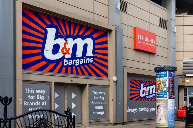 Exterior of a B&M Bargains logo outside the Wellgate Shopping Centre in Dundee , on March 22, 2025. Prominent, advertising "Big Brands at HUGE savings." A directional sign further indicates the store's location in the retail mall.
