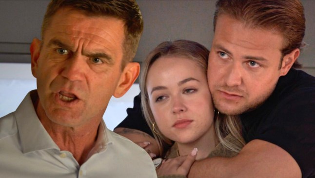 Jack Branning looking angry as Craig Ingram hugs Amy Mitchell in an EastEnders collage.