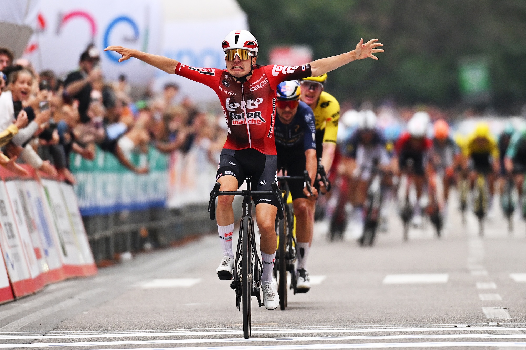 Jarno Widar of Belgium and Team Lotto Intermarche celebrates at finish line as race winner during the 105th Tre Valli Varesine 2026