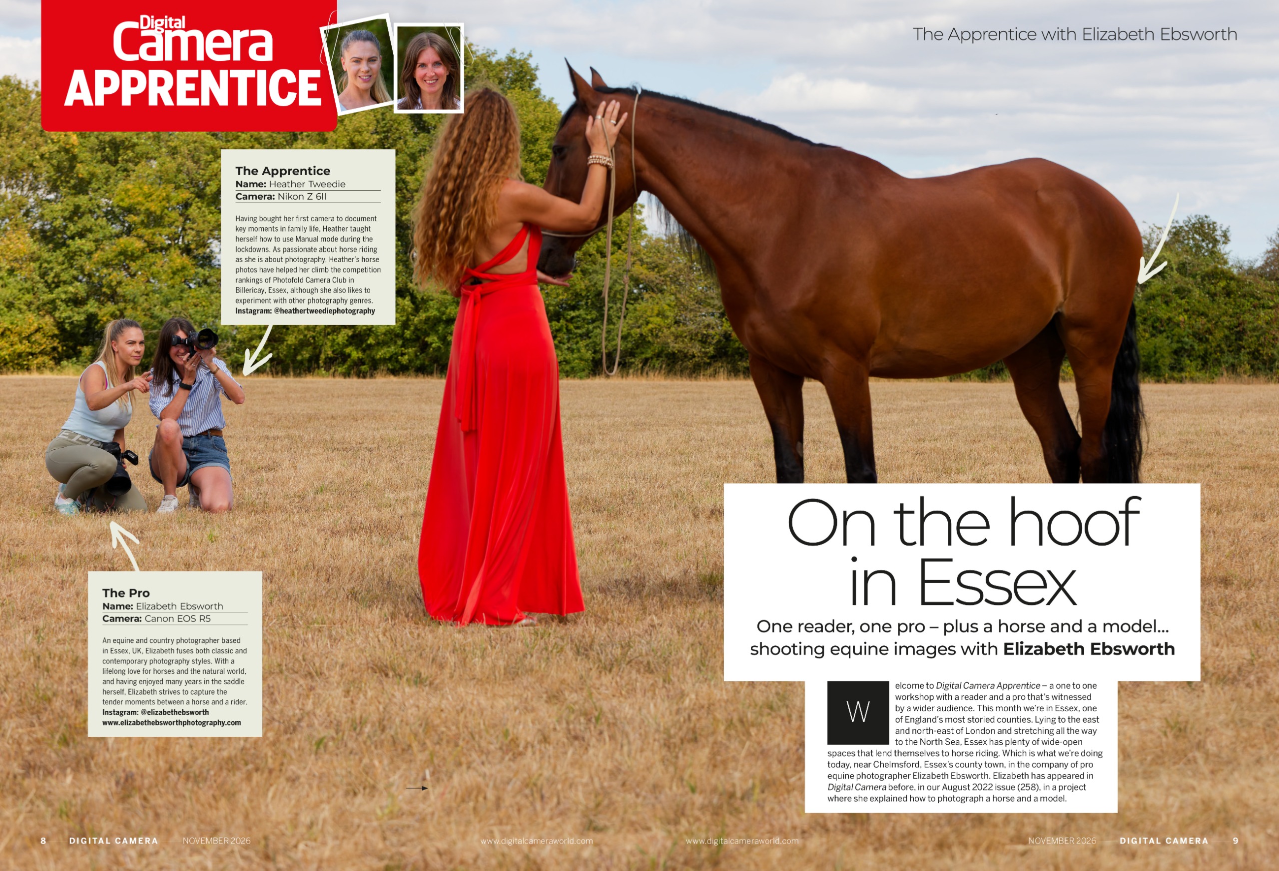 Image showing the first two pages of the Apprentice article in issue 313 (November 2026) of Digital Camera magazine, photographing a horse and a model with pro photographer Elizabeth Ebsworth