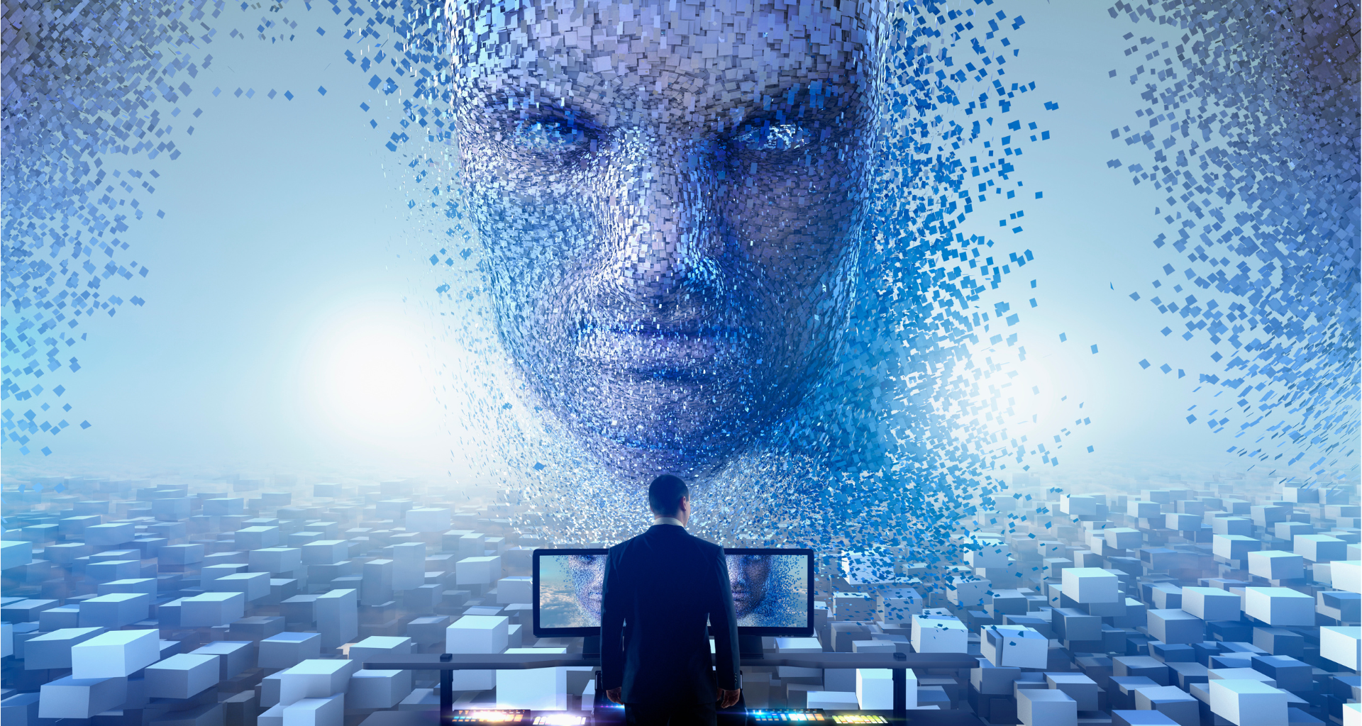 an AI-generated face facing off with a person in front of a terminal