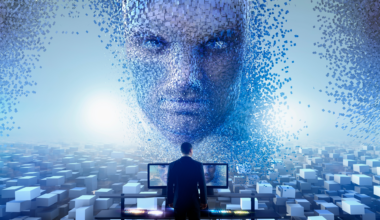an AI-generated face facing off with a person in front of a terminal