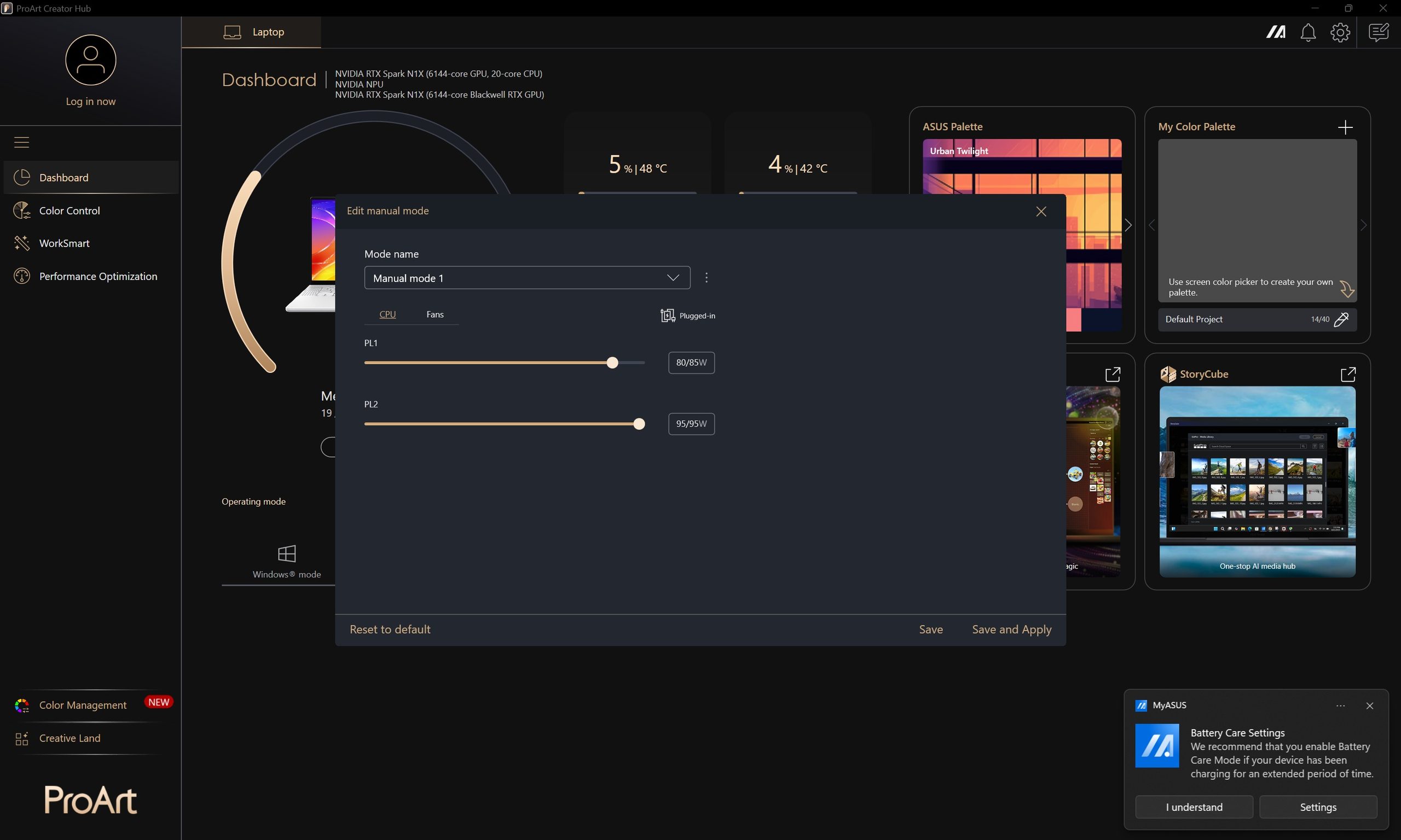 An ASUS ProArt Creator Hub interface showing an 'Edit manual mode' window with adjustable CPU power levels beside information on an NVIDIA RTX Spark N1X and Blackwell RTX GPU.