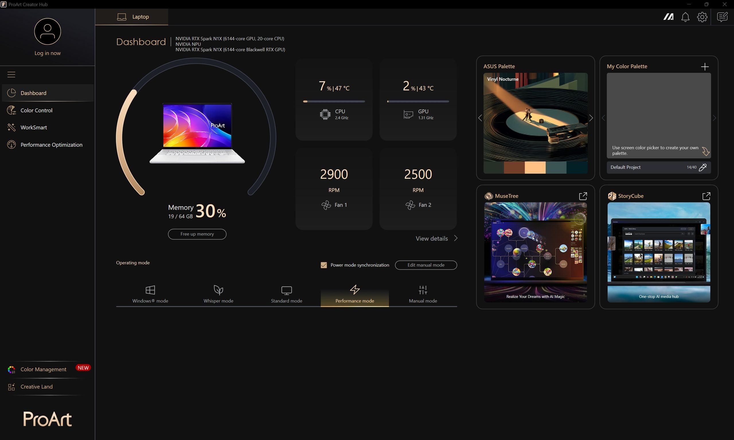 The ProArt Creator Hub interface shows a dashboard with an ASUS ProArt laptop displaying 'Memory 30%' usage, fan speeds at 2900 RPM and 2500 RPM, and temperatures for CPU and GPU.