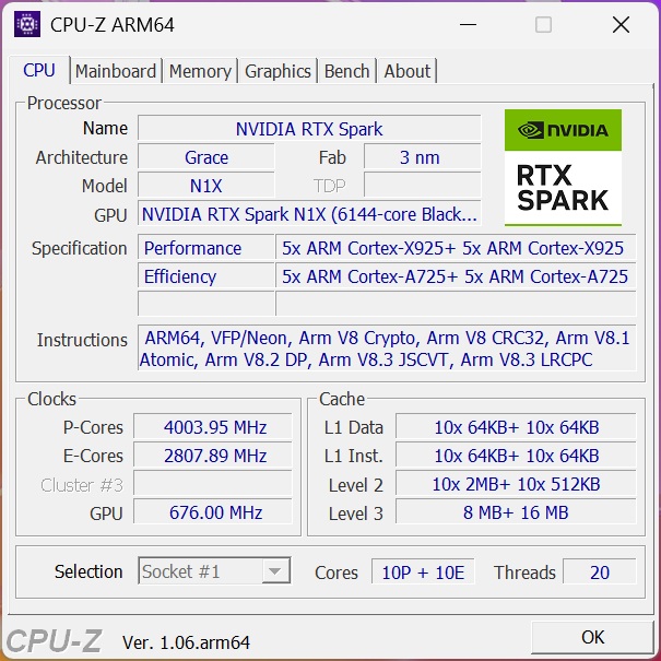 A CPU-Z ARM64 window displays details of the NVIDIA RTX Spark with Grace architecture, model N1X, and specifications including 5x ARM Cortex-X925+ cores for performance and 5x ARM Cortex-A725+ cores for efficiency.