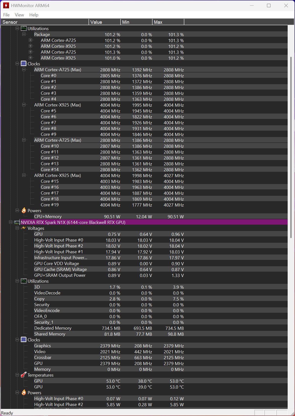 The HWMonitor ARM64 interface displays system information including CPU utilization and clock speeds for ARM Cortex-A725 and ARM Cortex-X925 cores, and system voltages and power for the NVIDIA RTX Spark N1X with '6144-core Blackwell RTX GPU'.