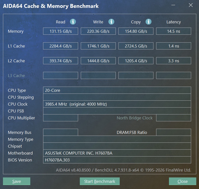 An AIDA64 Cache & Memory Benchmark display shows a 20-core CPU running at 3985.4 MHz from ASUS Tek COMPUTER INC. H7607BA motherboard.