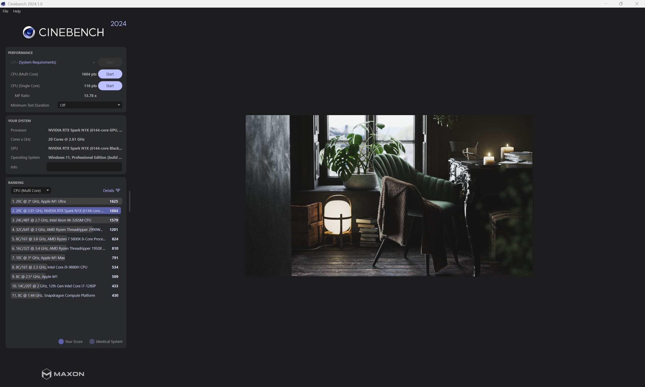 A Cinebench 2024 benchmark screen shows NVIDIA RTX Spark N1X scoring 1604 points, just below the Apple M1 Ultra's 1625 points in CPU (Multi Core) performance.