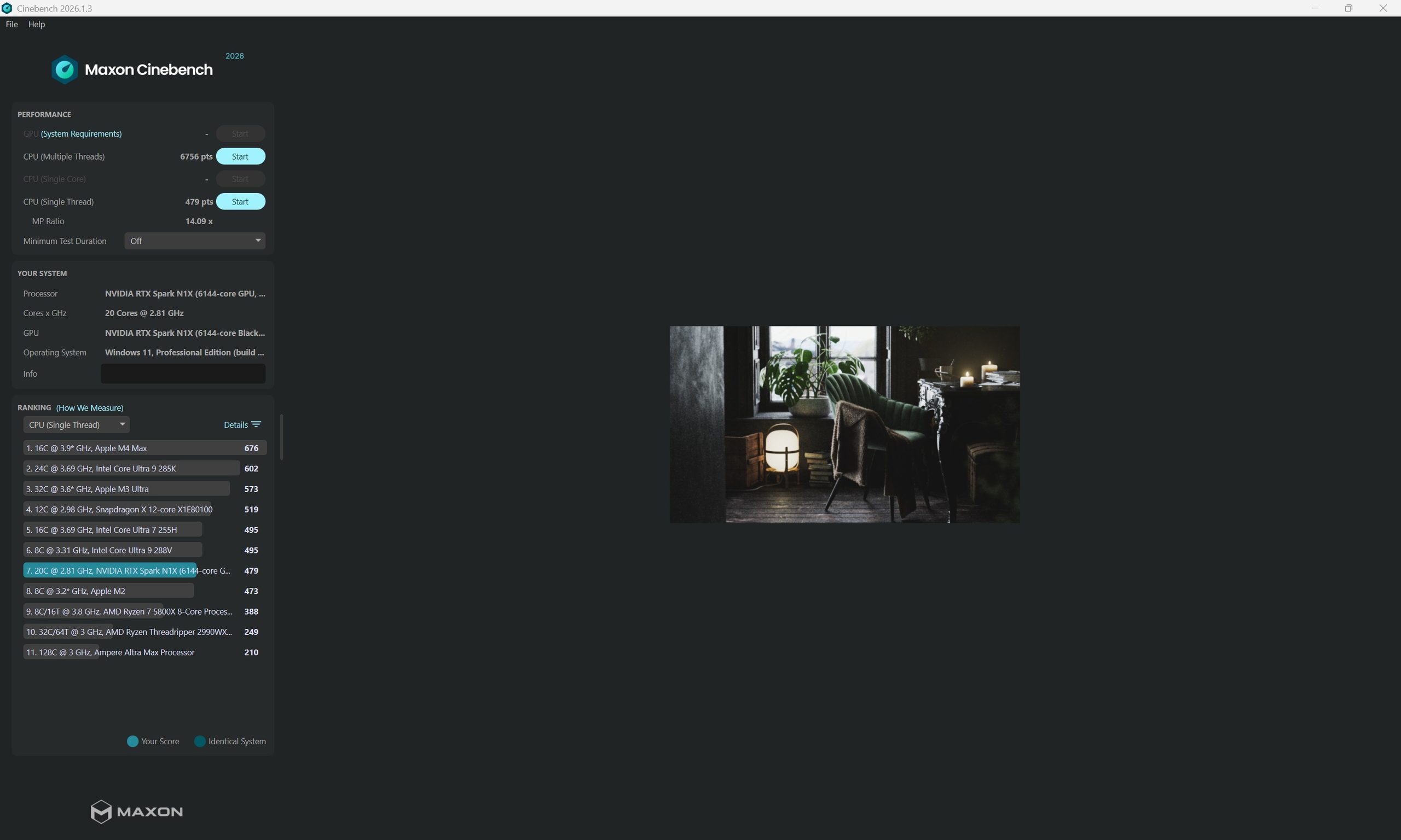 A screenshot of 'Maxon Cinebench 2026' shows the NVIDIA RTX Spark N1X scoring 479 points in 'CPU (Single Thread),' listed below the Apple M4 Max and Intel Core Ultra 9 285K.
