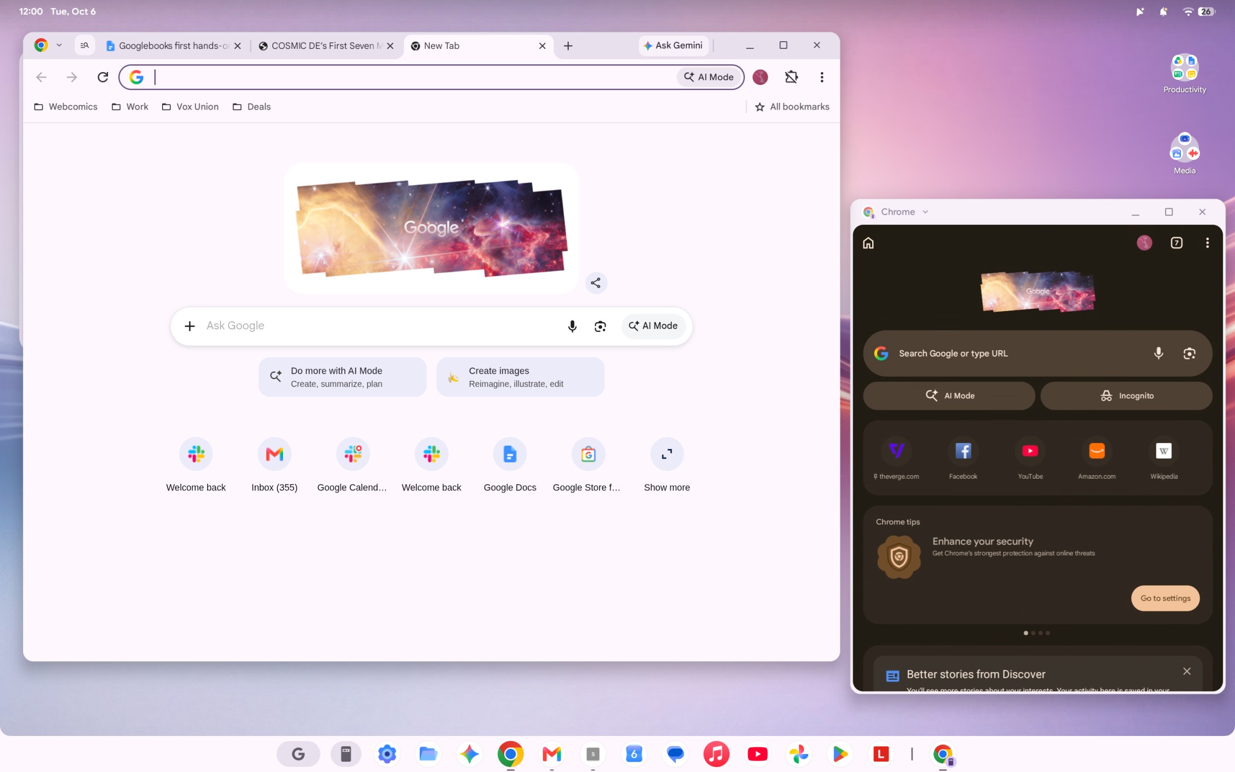 <em>Googlebook Chrome and phone Chrome can both be opened at the same time, even though it looks ridiculous.</em>