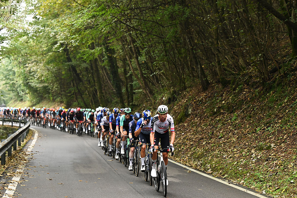 COMO, ITALY - OCTOBER 10: Domen Novak of Slovenia and UAE Team Emirates - XRG leads the peloton during the 120th Il Lombardia 2026 a 239km one day race from Bergamo to Como / #UCIWT / on October 10, 2026 in Como, Italy. (Photo by Dario Belingheri/Getty Images)