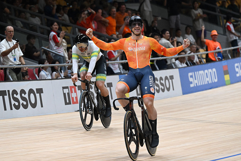 Netherlands&rsquo; Harrie Lavreysen (R) celebrates after winning in the men&rsquo;s sprint final race at the 2026 UCI Track World Championships at the Shanghai Velodrome in Shanghai on October 18, 2026. (Photo by JADE GAO / AFP)