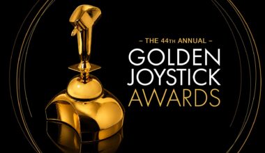 A gleaming gold joystick trophy beside &ldquo;The 44th Annual Golden Joystick Awards&rdquo; lettering on black, with fine gold rings framing the elegant design.