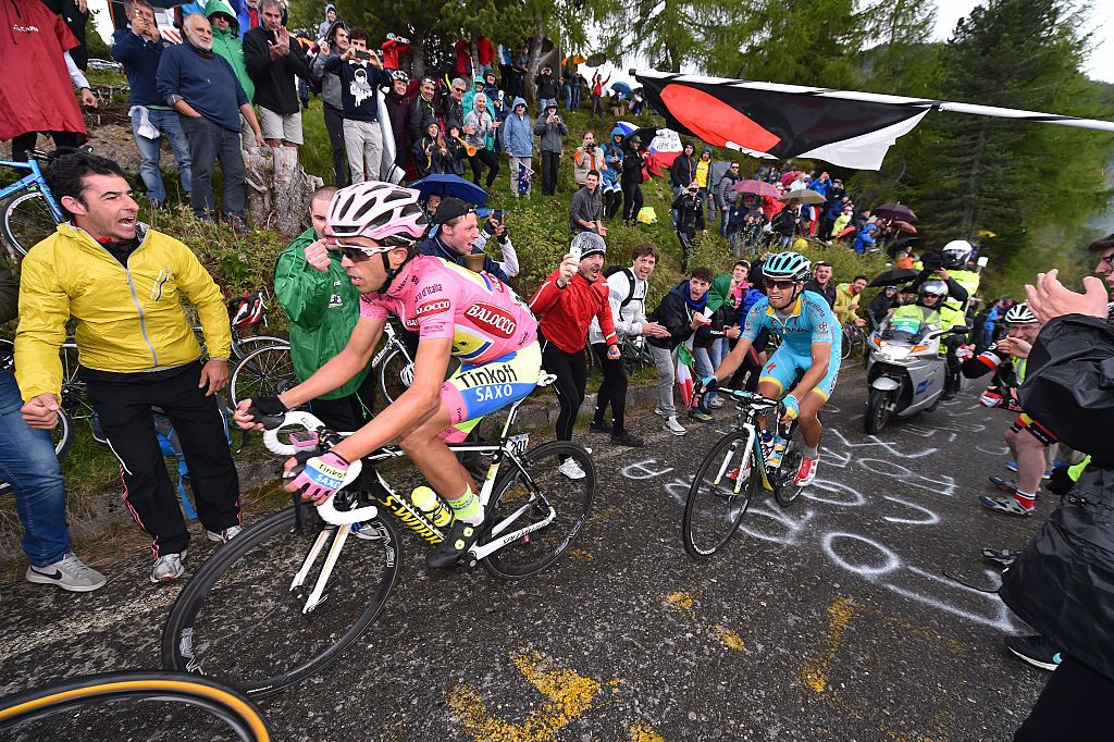 Alberto Contador and Mikel Landa race up the Mortirolo during stage 16 of the 2015 Giro d'Italia