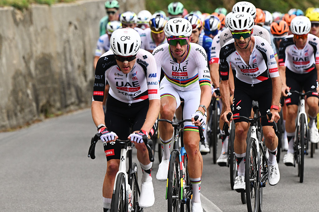 COMO, ITALY - OCTOBER 10: Brandon McNulty of United States and UAE Team Emirates - XRG - World Champion Jersey competes during the 120th Il Lombardia 2026 a 239km one day race from Bergamo to Como / #UCIWT / on October 10, 2026 in Como, Italy. (Photo by Dario Belingheri/Getty Images)
