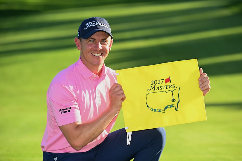 Grant Forrest displays a pin flag after qualifying for the 2027 Masters by winning the Spanish Open in Madrid on Sunday. Photograph: Stuart Franklin/Getty images