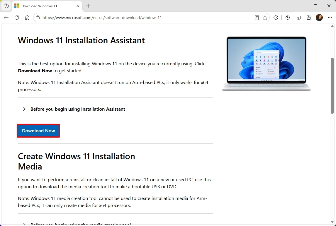 Microsoft download page highlighting the Installation Assistant download.
