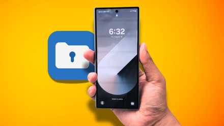 A hand holding Samsung phone with Secure Folder icon and yellow gradient background