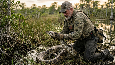 A retired US Army veteran has spent 11 years hunting Burmese pythons in the Everglades; Florida pays up to $18 an hour, but every catch demands a close encounter