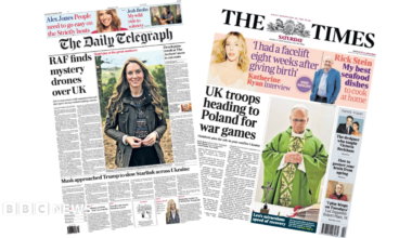The headline on the front page of the Daily Telegraph reads: “RAF finds mystery drones over UK”. The headline on the front page of the Times reads: “UK troops heading to Poland for war games”.