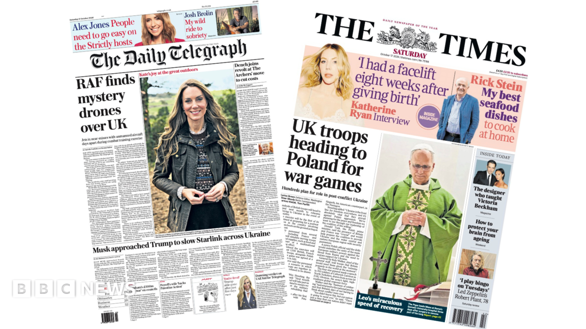 The headline on the front page of the Daily Telegraph reads: “RAF finds mystery drones over UK”. The headline on the front page of the Times reads: “UK troops heading to Poland for war games”.