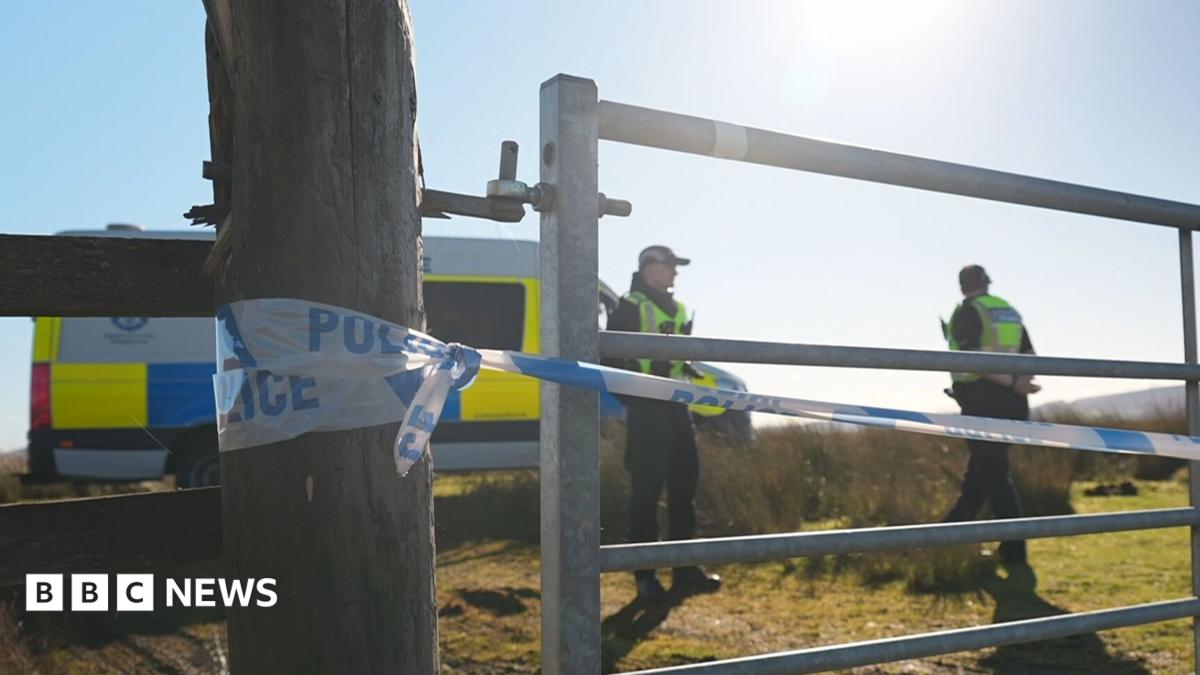 Police cordon in a field with officers and a car parked by a gate on a sunny day