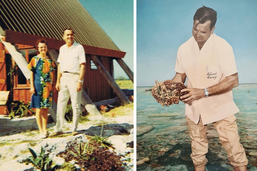 Two 1960s images, one showing a man and a woman by a simple wooden shelter, the other is of the same man holding red coral.