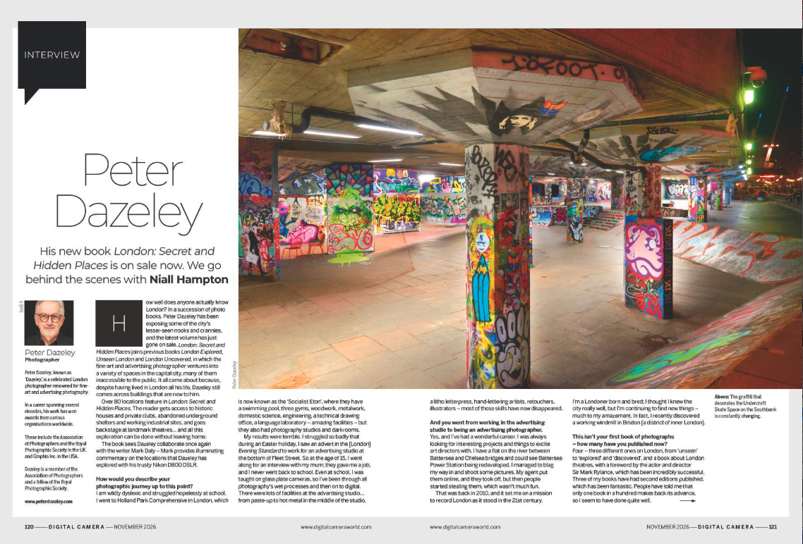 Image showing the first two pages of the main interview in issue 313 (November 2026) of Digital Camera magazine, photographer Peter Dazeley discusses his new book London: Secret and Hidden Places