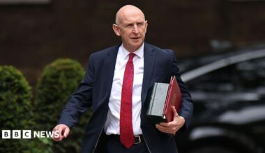 John Healey walks along Downing Street with files under his arm wearing a dark suit and a long red tie.