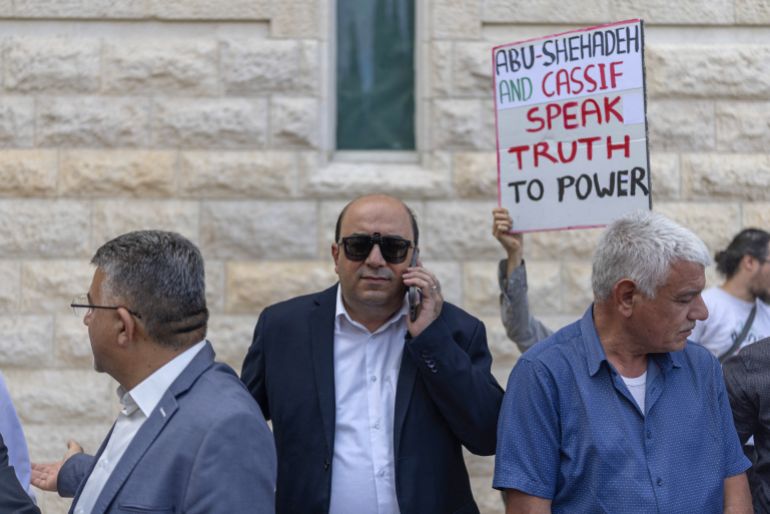 Sami Abu Shehadeh, leader of the Balad party, arrives at the Supreme Court in Jerusalem on October 1, 2026 [AFP]