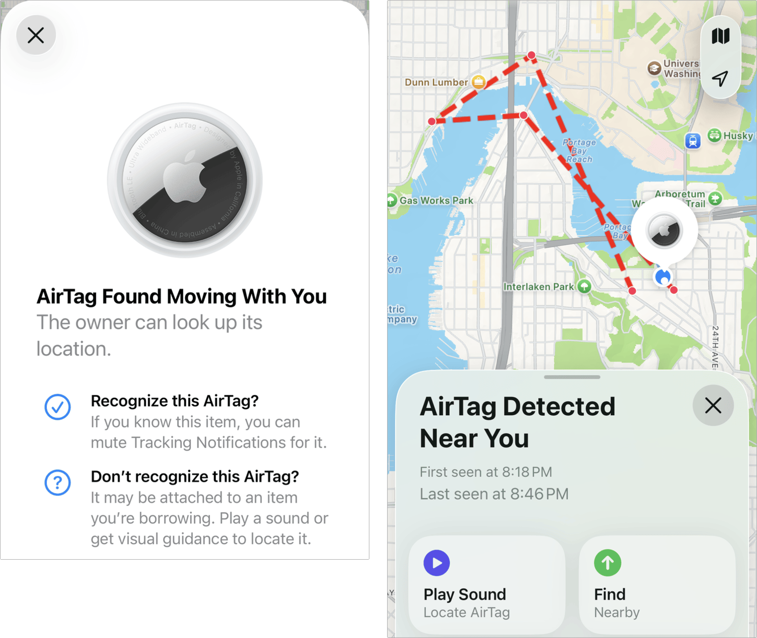Side-by-side screenshot of warning, left, of AirTag found moving with you. At right, AirTag detected near you, with a dotted line showing the map of where it was.