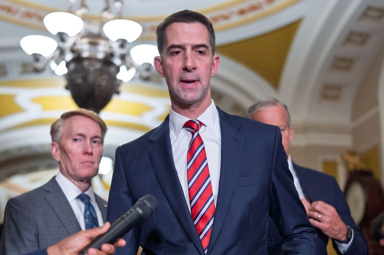 FILE - Sen. Tom Cotton, R-Ark., speaks to reporters at the Capitol in Washington, June 2, 2026. (AP Photo/J. Scott Applewhite, File)