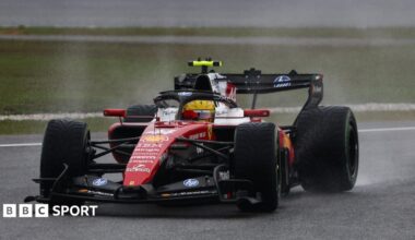 Ferrari's Lewis Hamilton throws up spray during the aborted formation laps at the Bahrian Grand Prix in Malaysia