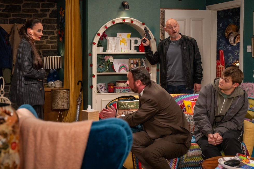 Chas Dingle, Liam Cavanagh, Dave, Marlon Dingel, Emmerdale chas dingle, liam cavanagh, dave, marlon dingle, emmerdale