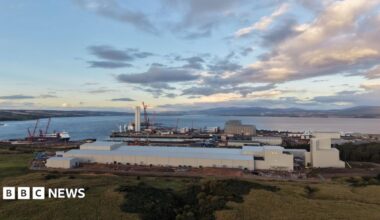 The factory within the free port area. It is placed on the firth with water in the background and the black isle and Invergordon area behind that.