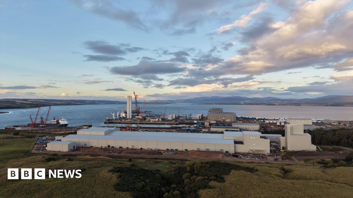 The factory within the free port area. It is placed on the firth with water in the background and the black isle and Invergordon area behind that.