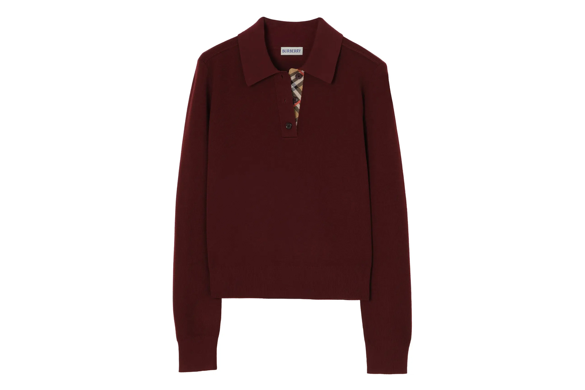 Burberry burgundy polo sweater with long sleeves and a button placket featuring vintage check lining.