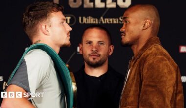 Dalton Smith has the WBC light-welterweight title over his shoulder as he stares at Alberto Puello