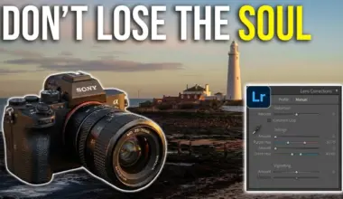 Sony mirrorless camera with 35-70mm zoom lens beside a Lightroom Lens Corrections panel over a dusky lighthouse scene