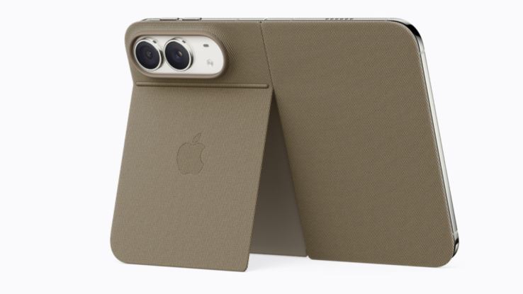 Apple iPhone Duo in a taupe Folio case, partially folded with its integrated kickstand extended.