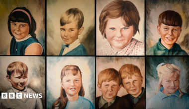 A montage of eight paintings showing the faces of nine children who died in the Aberfan disaster