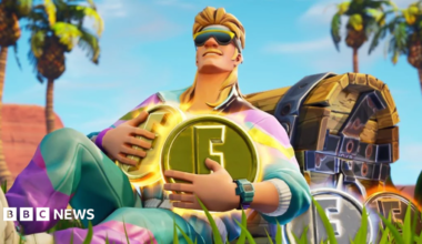 A promotional image for the Fortnite video game, showing a participant in a tracksuit holding the in-game currency of V-Bucks